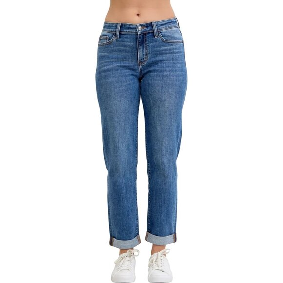 Women's Mid-Rise Boyfriend Fit Cuffed Jeans Comfortable Casual Denim